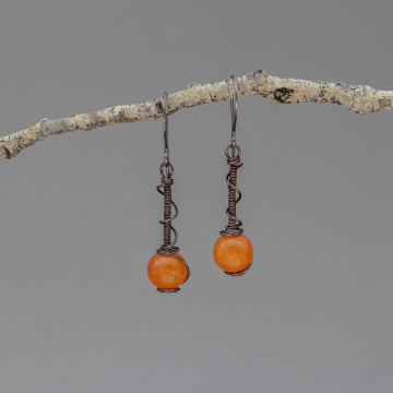Bright Orange Jade Earrings in Copper, Coiled Wire Spiral Wrap Stone Bead Earrings