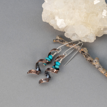 Copper Helical Dangle Earrings with Turquoise, Whirlwind Earrings in a Western Style