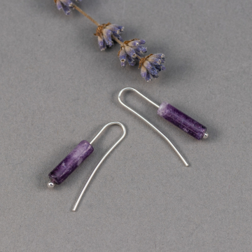 Sleek Modern Drop Earrings with Purple Lepidolite Natural Stones