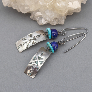 Lapis and Turquoise Dangle Earrings in Sterling Silver, Southwest Inspired Natural Stone Jewelry