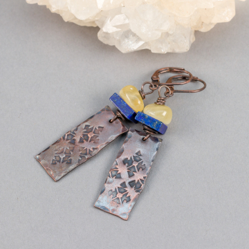 Blue and Yellow Stone Dangle Earrings with Rustic Textured Copper