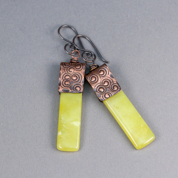 Vibrant Yellow Green Earrings, Natural Serpentine Stone Rectangle Earrings
