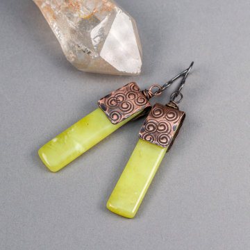 Vibrant Yellow Green Earrings, Natural Serpentine Stone Rectangle Earrings