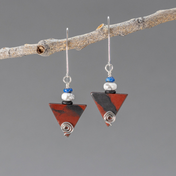Geometric Tribal Dangle Earrings with Red Tiger Iron Jasper, White Howlite, and Denim Blue Lapis, Sterling Silver