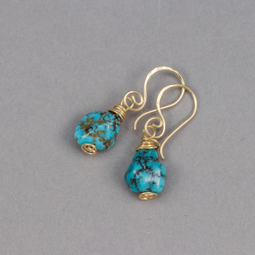 Genuine Turquoise Drop Earrings 14k Gold Filled, Stone Nugget Earrings