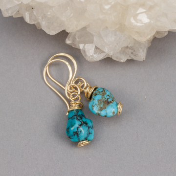 Genuine Turquoise Drop Earrings 14k Gold Filled, Stone Nugget Earrings