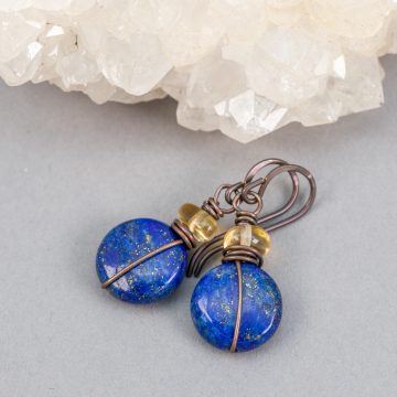 Lapis and Citrine Natural Stone Earrings with Nickel Free Ear Wires, Dainty Stone Beaded Earrings