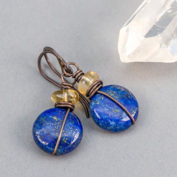 Lapis and Citrine Natural Stone Earrings with Nickel Free Ear Wires, Dainty Stone Beaded Earrings