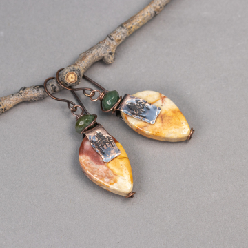 Marbled Brown Toned Jasper Earrings with Handmade Copper Pine Tree Accents
