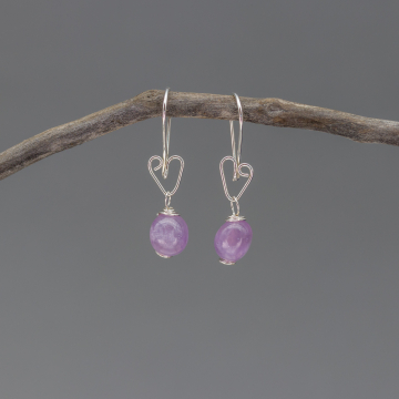 Amethyst Pebble Earrings in Sterling Silver, Rustic Heart Earrings with Purple Stones