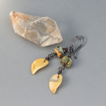 Yellow Jasper Carved Leaf Dangle Earrings, Natural Stone Earrings for Fall Season