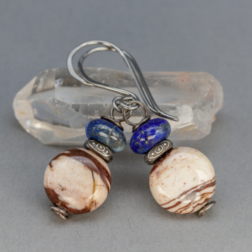 Zebra Jasper Natural Stone Earrings with Blue Lapis, Sterling Silver Handmade Brown and White Jasper Earrings, Nickel-Free Niobium Hooks