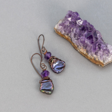 Outer-space Inspired Keshi Pearl Earrings, Purple Amethyst and Peacock Pearl Wire Wrapped Earrings in Copper
