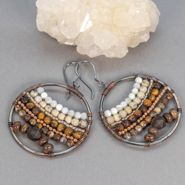 Brown Gemstone Hoop Earrings, Brown Ombre Wire Wrapped Copper Circle Earrings