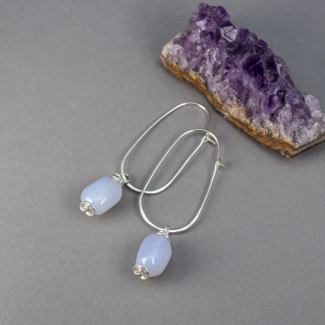 Handcrafted Sterling Silver Oval Hoop Earrings with Blue Chalcedony Natural Stones
