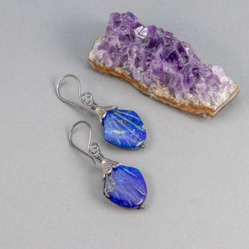 Lapis Earrings with Leaf Pattern Silver Cap, Carved Blue Stone Earrings