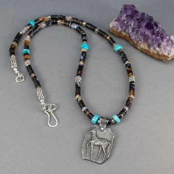 Stone Beaded Necklace with Pewter Horse Pendant, Black Agate and Turquoise Necklace