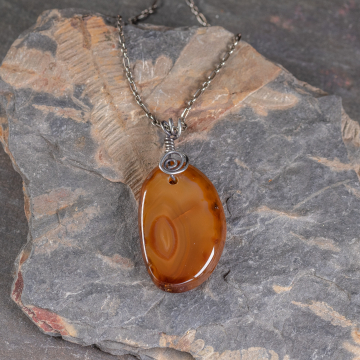 Brown Agate Slab Pendant, Tumbled Stone Necklace in Oxidized Sterling Silver