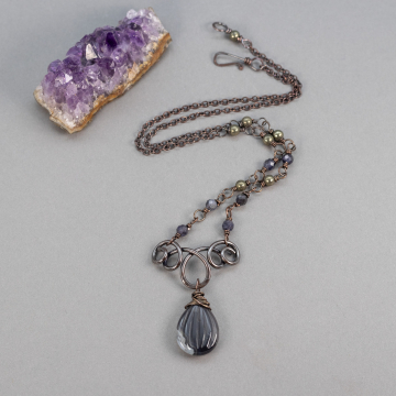 Copper Wire Work Necklace with Carved Agate Teardrop Pendant,  Iolite and Pyrite Handmade Station Link Chain
