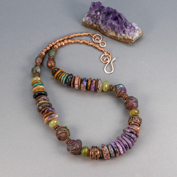 Purple Brown and Green Stone, Ceramic, and Copper Bead Necklace, Fall Twilight Hues Charoite Necklace