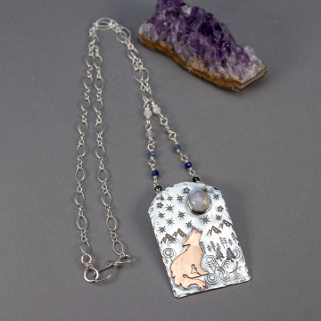 Mixed Metals and Natural Stone Pendant Necklace, "Howl" Necklace with Mountains, Stars, Coyote, and Moonstone Moon