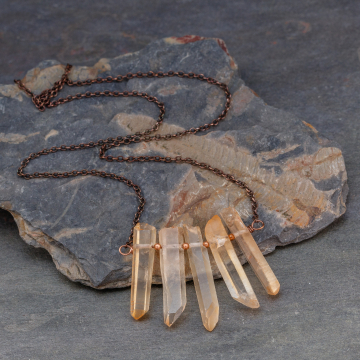 Raw Stone Bib Necklace in Copper, Pale Peach Quartz Crystal Points