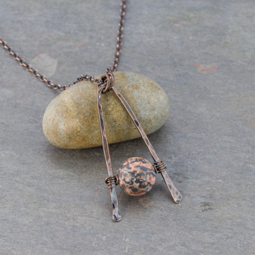 Geometric Pendant, Hammered Copper Triangle Necklace with Red Leopardskin Jasper Stone