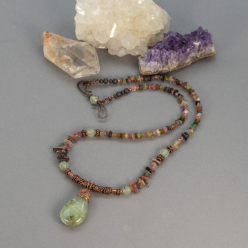 Tourmaline and Copper Beaded Necklace with Prehnite Pendant, Green and Pink Stone Necklace