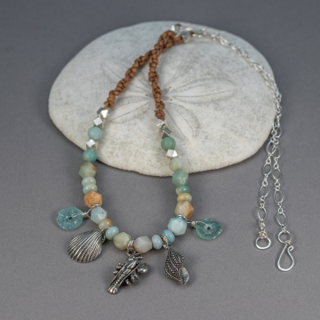 Seashore Theme Charm Necklace, Aqua and Brown Stone Necklace with Cotton and Sterling Silver Neck Band