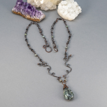 Woodland Necklace, Handcrafted Copper Necklace with Prehnite, Green Kyanite, and Rainbow Obsidian