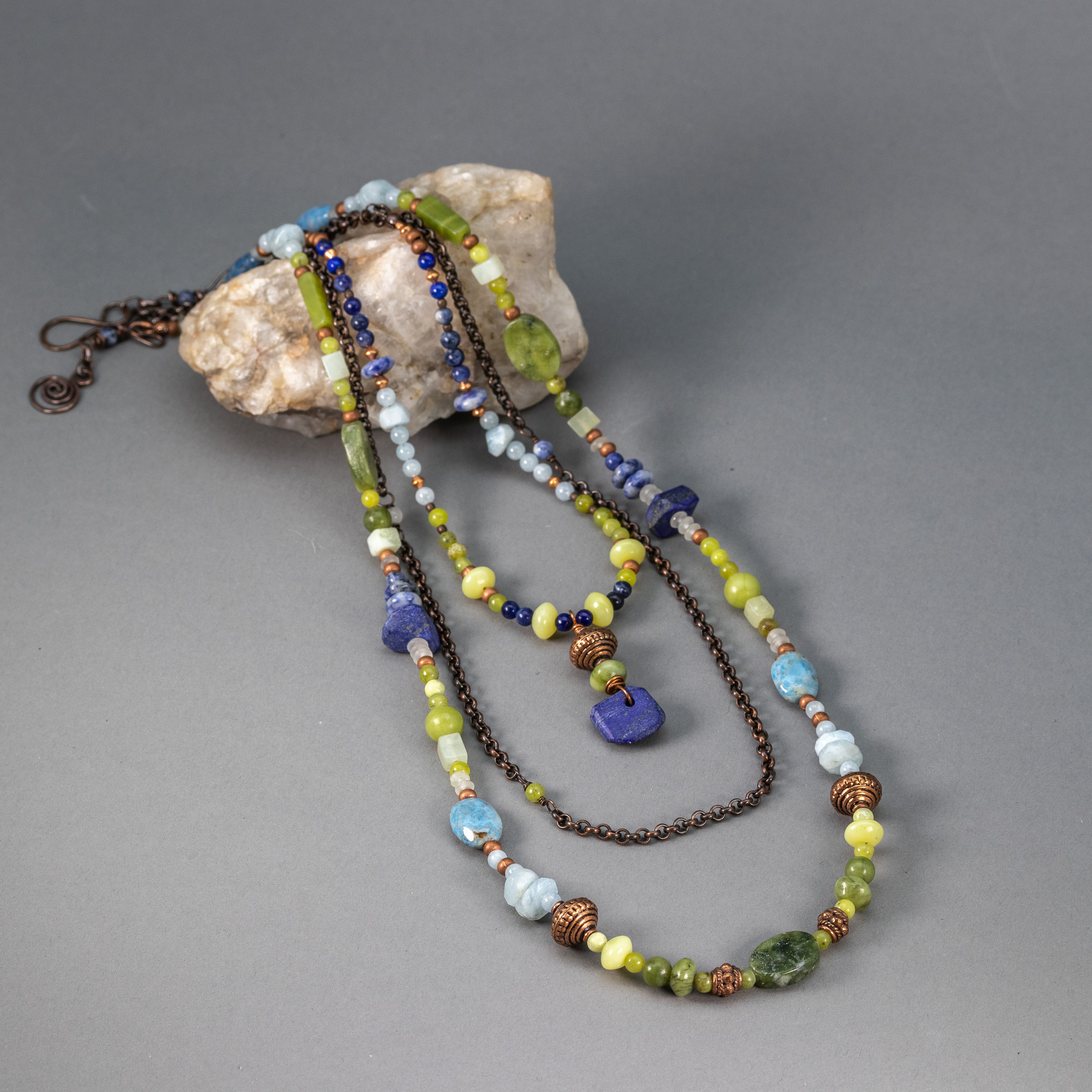 Blue Stone Layered Necklace Beaded ite Stone Double Horn Gift for Her 