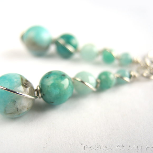 Silver wire wrapped drop earrings in three Amazonites