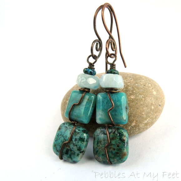 Chrysocolla, Russian Amazonite, Aquamarine Copper Earrings