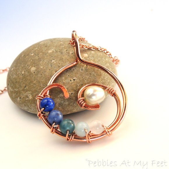 Lapis, Sodalite, Apatite, Jadeite, and Pearl Copper Wave Pendant
