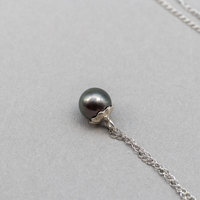 Minimalist Black Pearl Necklace, Barely There Pearl Necklace in Sterling Silver