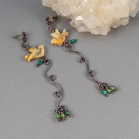 Agate Bird Dangle Earrings in Organic, Rustic Art Nouveau Style