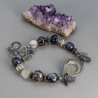 Black and Gray Stone Beaded Bracelet With Pewter Bar Embossed with Crescent Moon