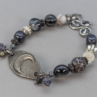 Crescent Moon Bracelet with Black Blue and Gray Gemstones