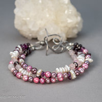 Pink Pearl and Gemstone Three-Strand Bracelet, Rose Quartz Garnet and Pearl Bracelet