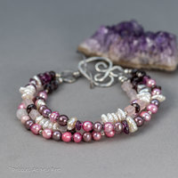 Pink Pearl and Gemstone Three-Strand Bracelet, Rose Quartz Garnet and Pearl Bracelet