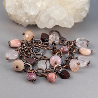 Red and Pink Natural Stone Charm Bracelet in Copper