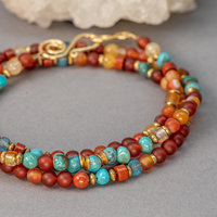 Orange Stone Wrap Bracelet, Carnelian  and Turquoise Natural Stones