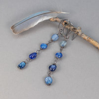 Rustic Kyanite Linear Earrings, Long Dangle Earrings with Blue Kyanite Wire Wrapped Links