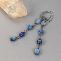 Rustic Kyanite Linear Earrings, Long Dangle Earrings with Blue Kyanite Wire Wrapped Links