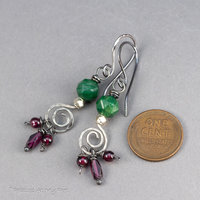 Red and Green Natural Gemstone Earrings, Rustic Silver Earrings with Verdite and Garnets