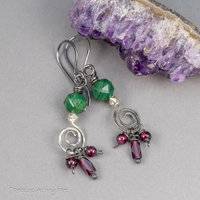Red and Green Natural Gemstone Earrings, Rustic Silver Earrings with Verdite and Garnets