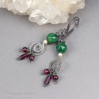 Red and Green Natural Gemstone Earrings, Rustic Silver Earrings with Verdite and Garnets
