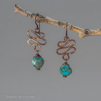 Copper Squiggle Wire Work Dangle Earrings with Genuine Turquoise Stone