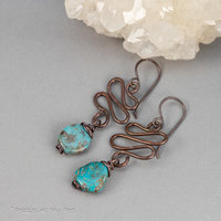 Copper Squiggle Wire Work Dangle Earrings with Genuine Turquoise Stone