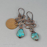 Copper Squiggle Wire Work Dangle Earrings with Genuine Turquoise Stone